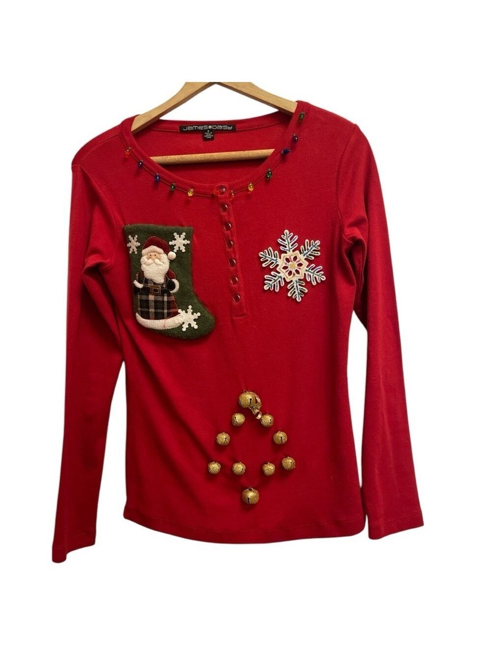 JAMES DAISY S red Christmas sweater with jingle bells lights snowflake stocking